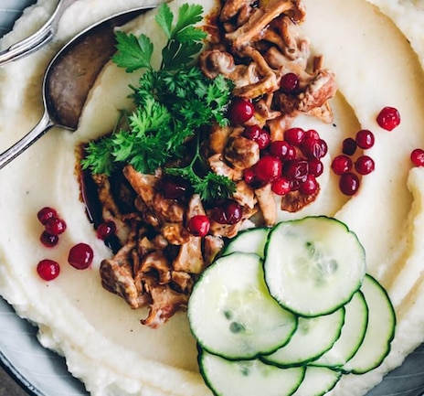 Celeriac Mash with Chanterelles & Lingonberries